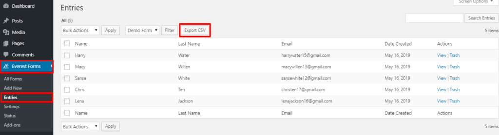 wordpress export form entries
