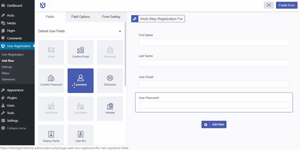 User Registration Multi Step form builder