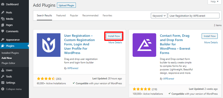 Install User Registration Plugin