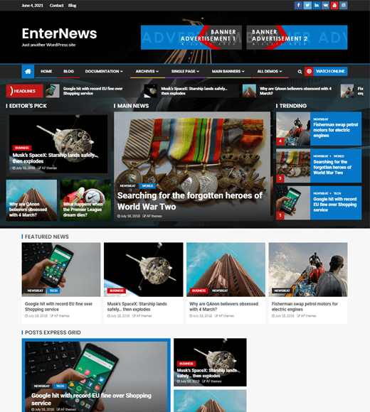 EnterNews Free WordPress Magazine Themes Demo