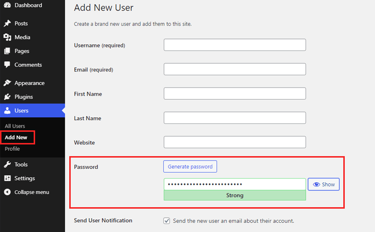 Add New User Password Field WordPress Registration Form