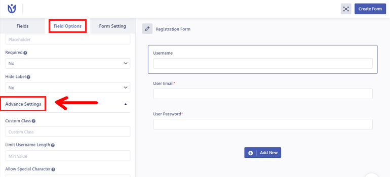 Advanced Settings Create Custom Login and Register Form
