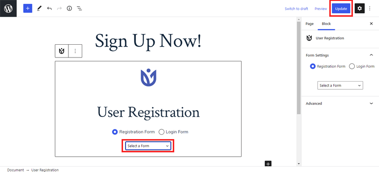 User Registration Block WordPress Form Fields