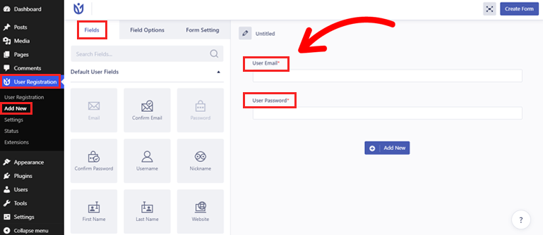 User Registration Fields and Form