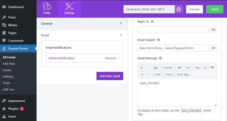 Email Notification Settings for Leave Request Form