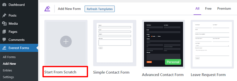 Start from Scratch Option Create a WordPress Contact Form with Date Time Picker