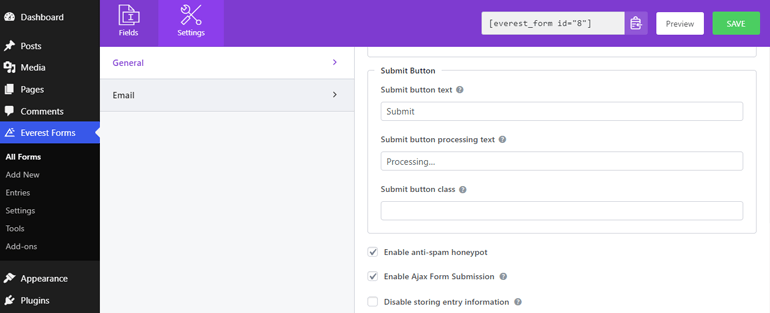 General Settings for Submit Button