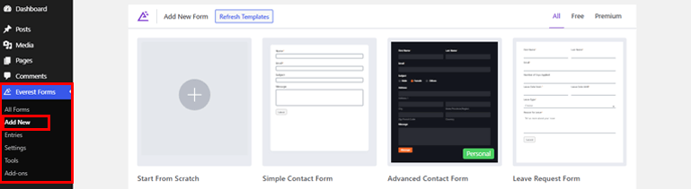 Navigate from Everest Forms to Add New