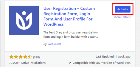 Activate User Registration Plugin