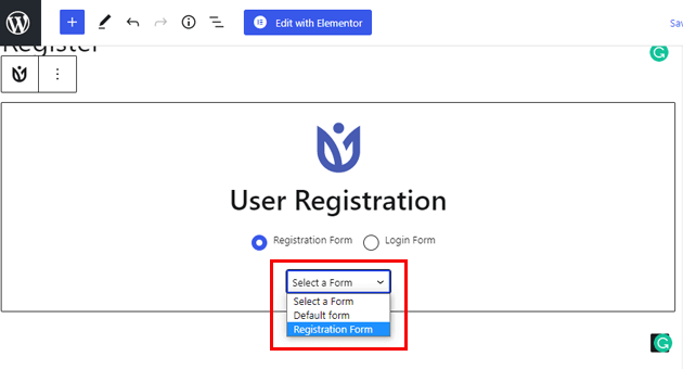 User Registration Dropdown