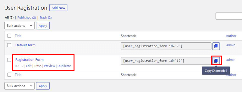 Copy Registration Form Shortcode