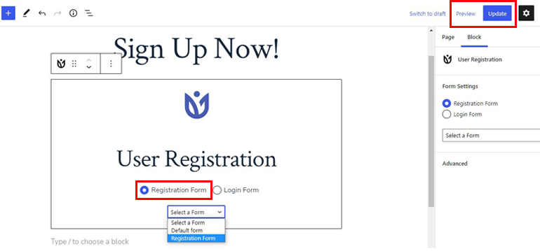 Select Custom Registration Form
