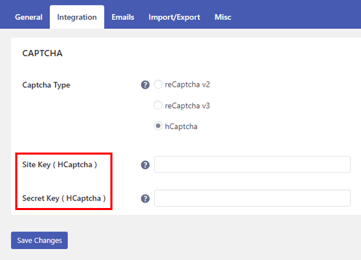 hCaptcha Keys WordPress Spam Registration