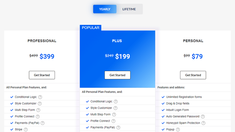 User Registration Pricing Plans Page