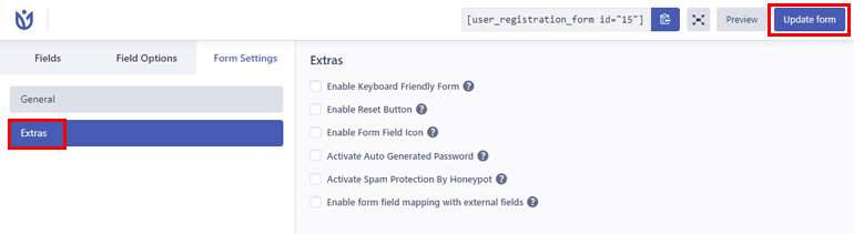 Extras Form Settings
