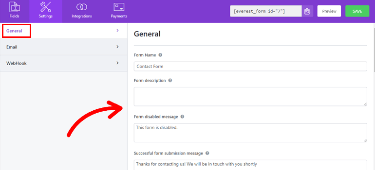 General Contact Form Settings