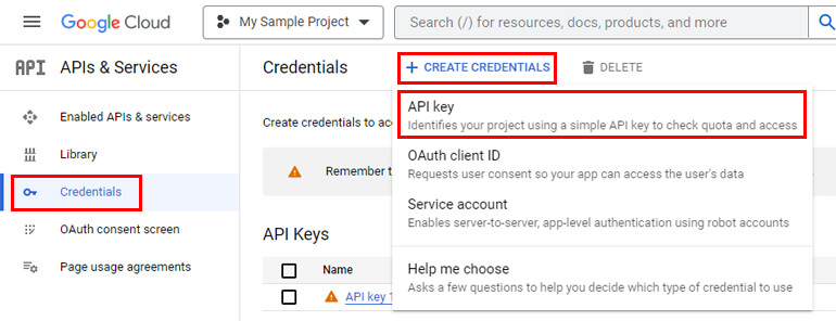 Create Credentials and API Key