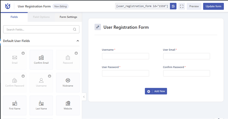 Form Builder Interface User Registration 3.0
